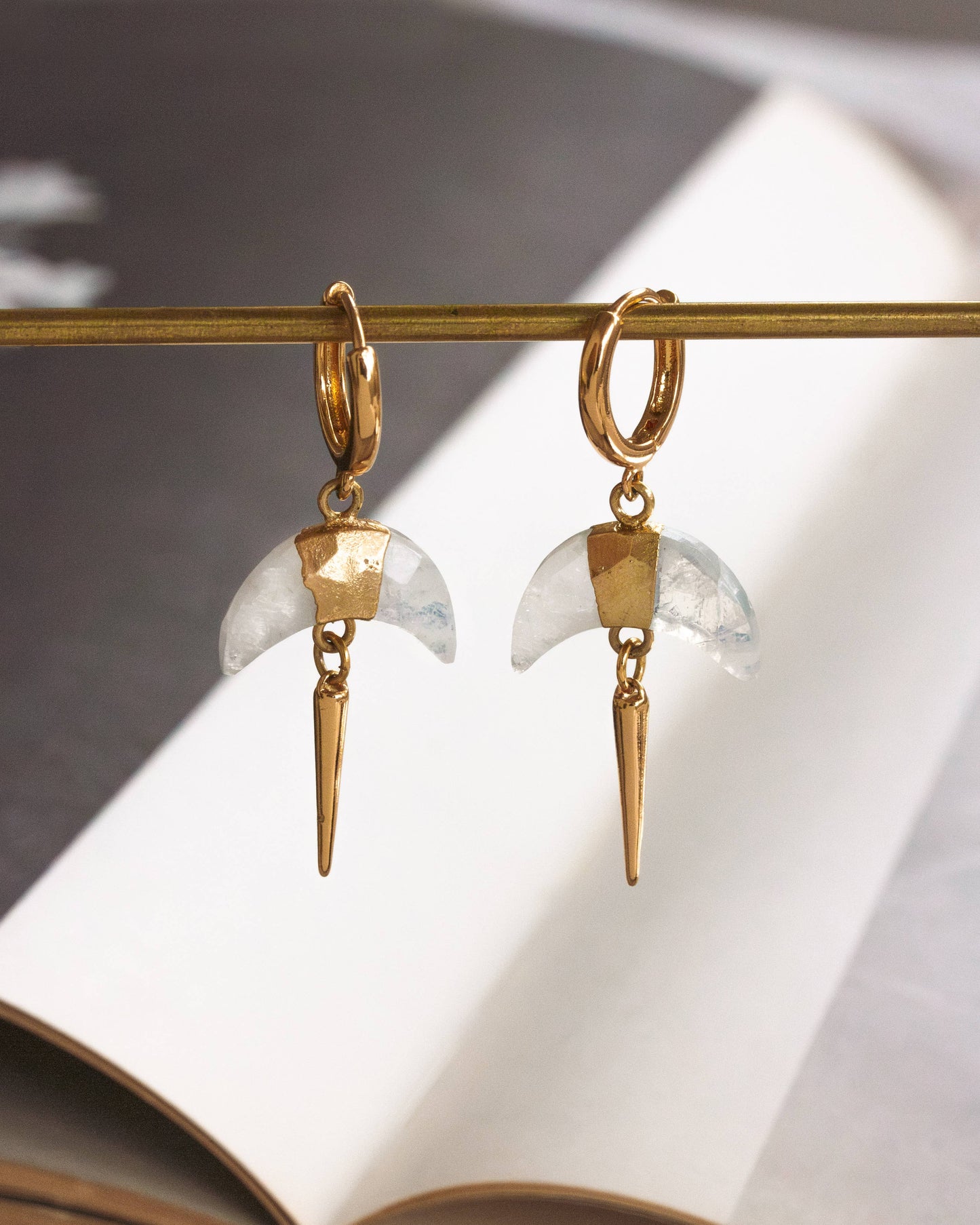 Luna Norte - Moonstone Crescent Horn Spike Huggie Hoop Earrings