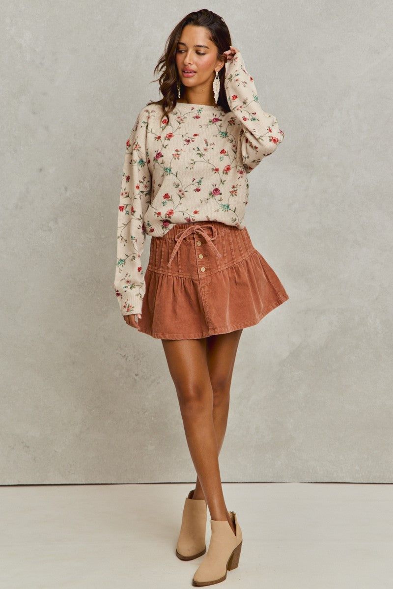 SO ME Mineral Wash Pintucked Corduroy Mini Flared Skirt
