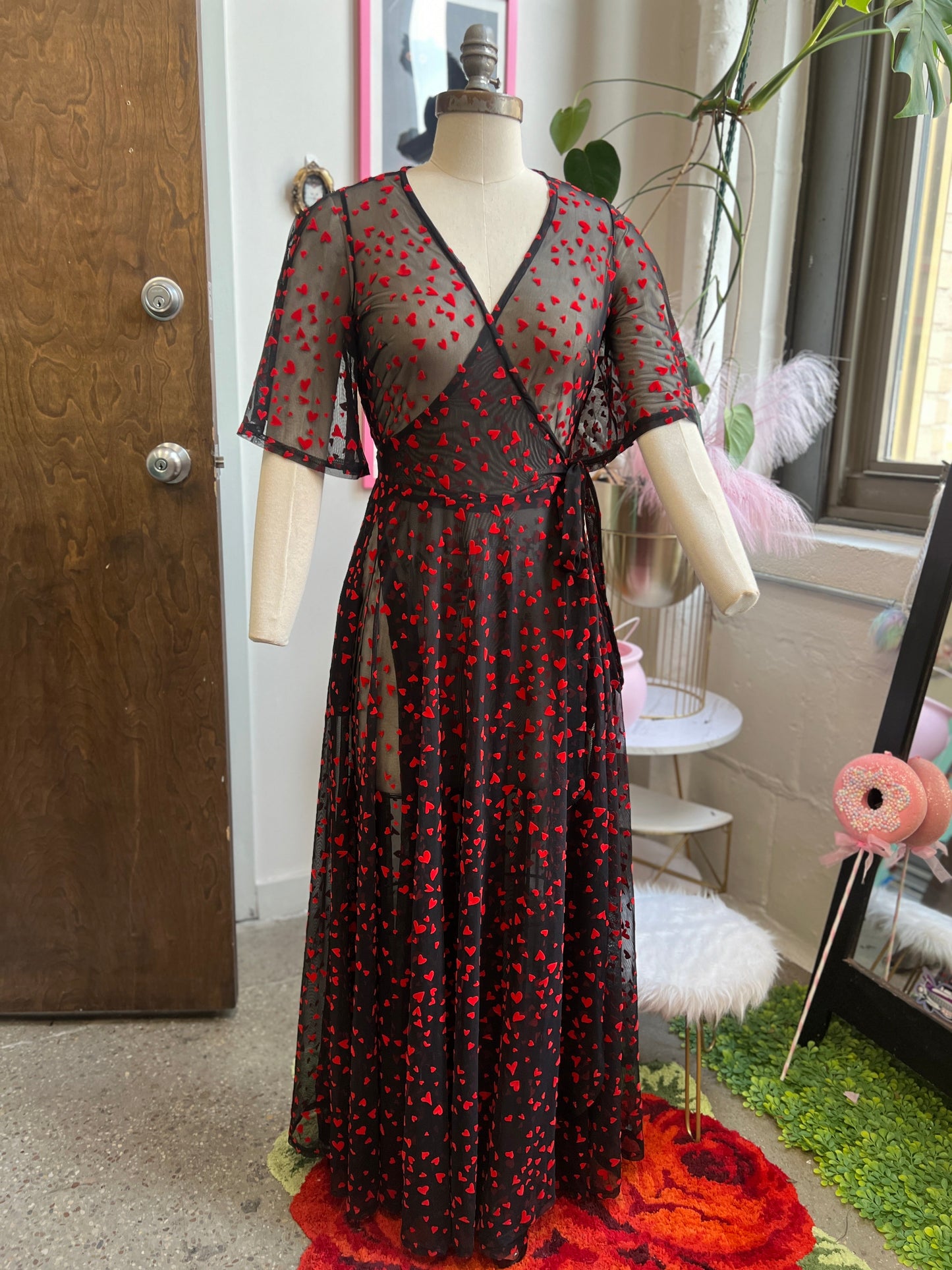 Lydia Wrap Dress in Black Queen of Hearts flocked mesh