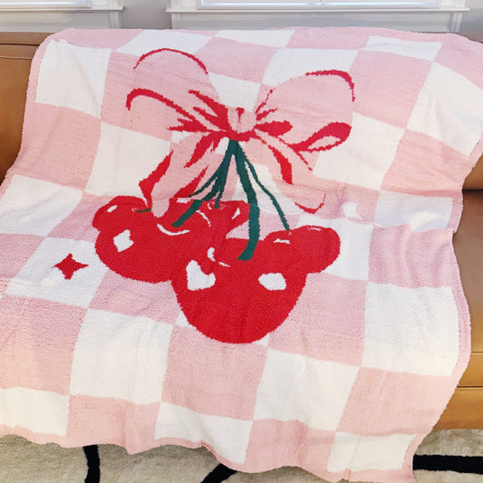 Cherry Bow Check Blanket – Soft & Sweet Throw-0