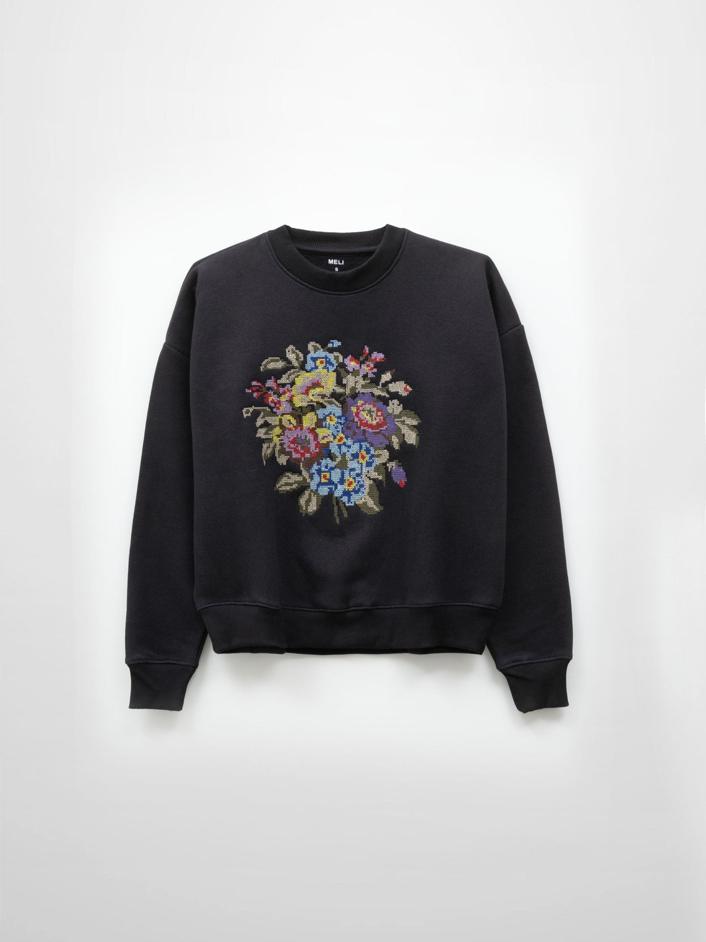 Cross Stitch Floral Sweatshirt-Black-0