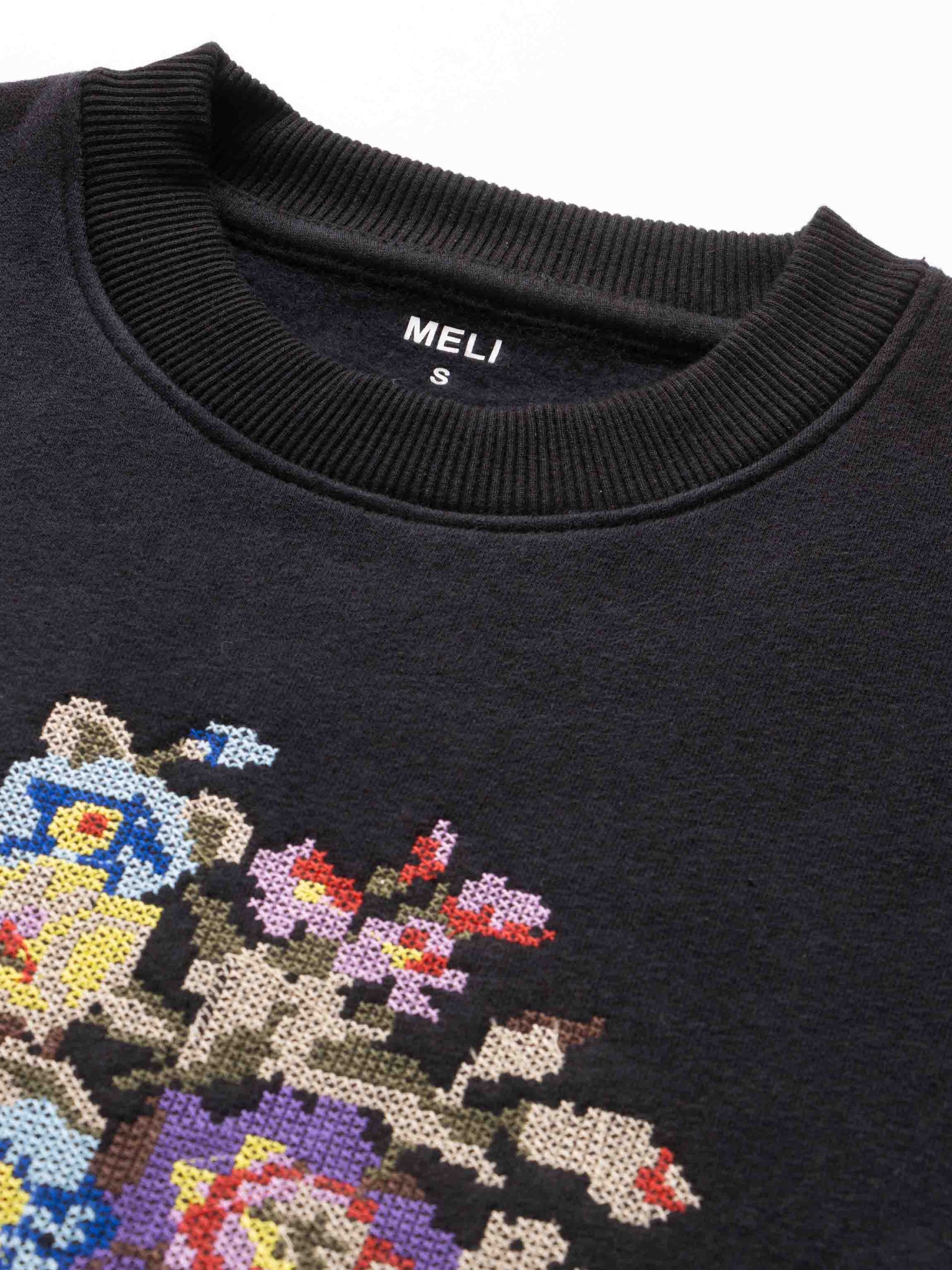 Cross Stitch Floral Sweatshirt-Black-2