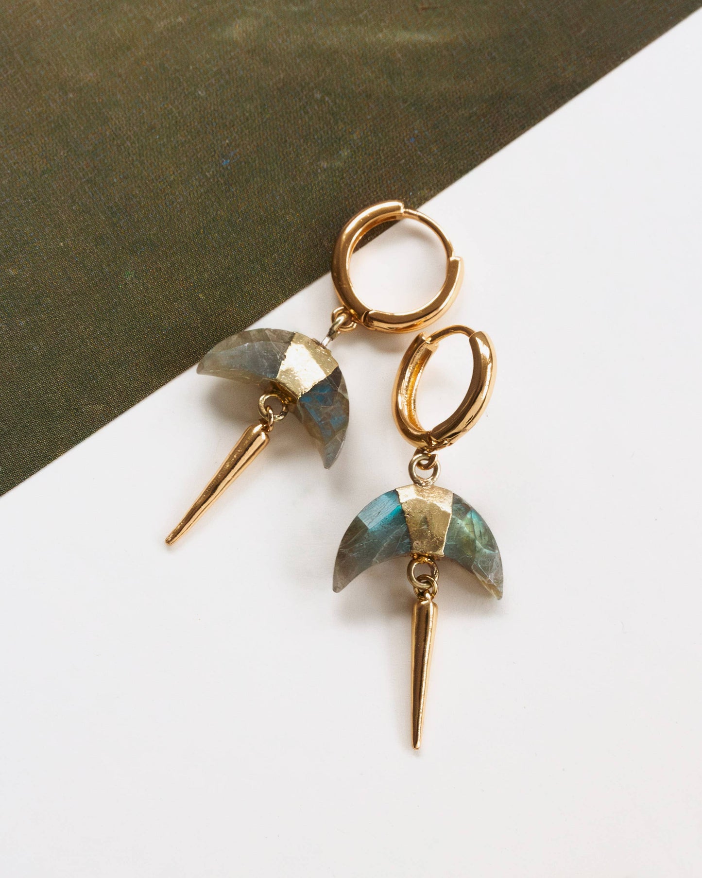 Luna Norte - Labradorite Crescent Horn Spike Huggie Hoop Earrings