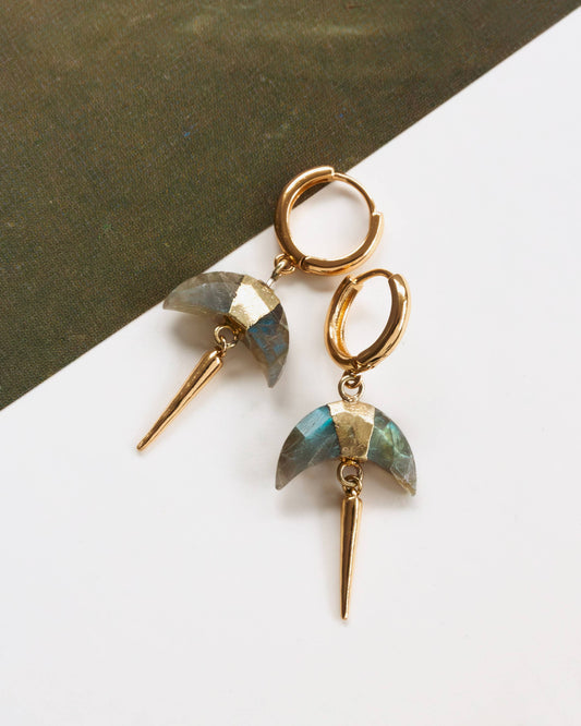 Luna Norte - Labradorite Crescent Horn Spike Huggie Hoop Earrings